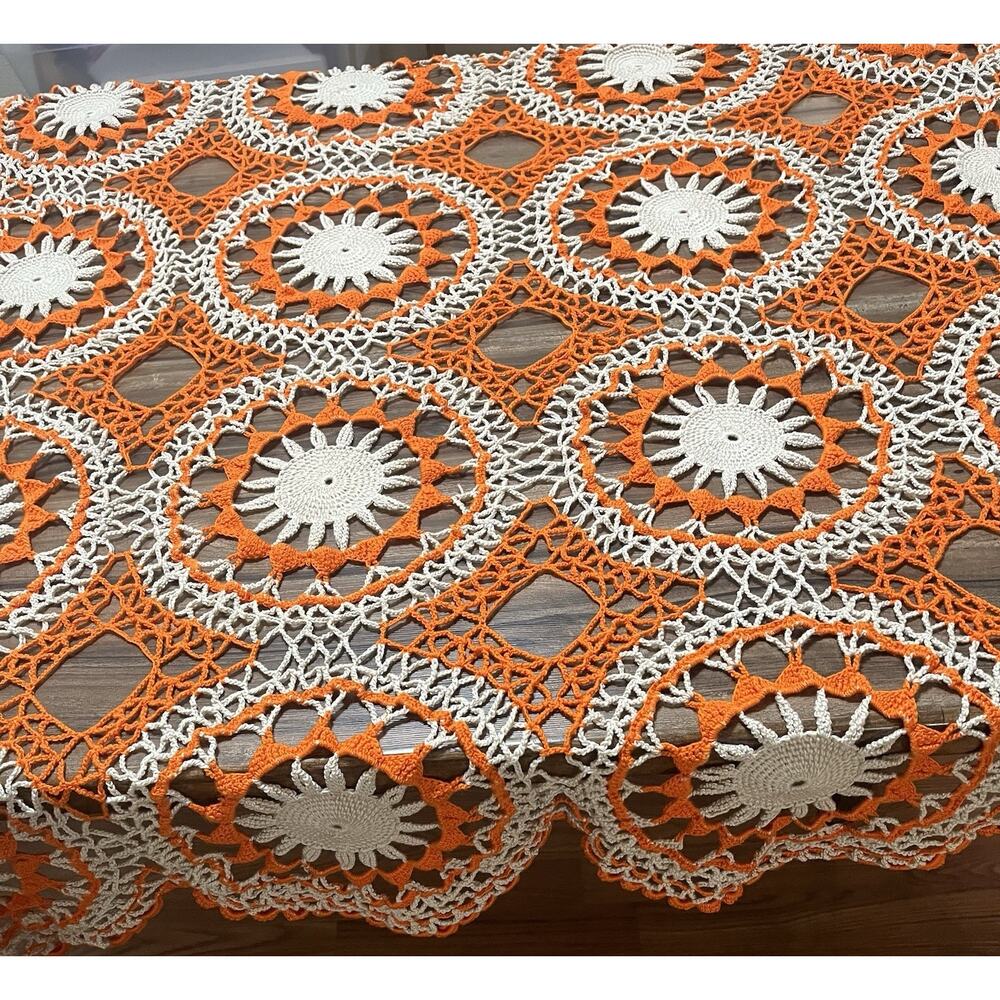 Handmade/Hand Crocheted Orange/Cream Square Table Runner/Tablecloth 50” x 50”